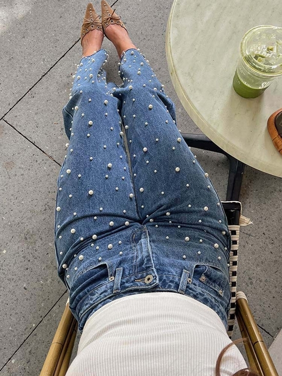 Zara Denim - Zara High Waist Blue Pearl-Studded Straight Leg Jeans